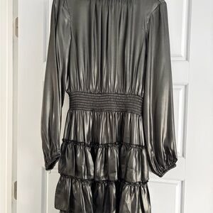 Metallic Dark Green/Black Long sleeved tiered dress with elastic waist.